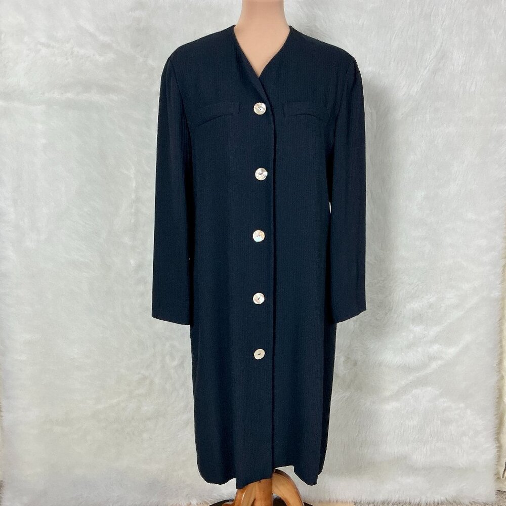 Vintage 90s Joan & David Long Sleeve Blue Wool Blend Collarless Jacket Dress 12
